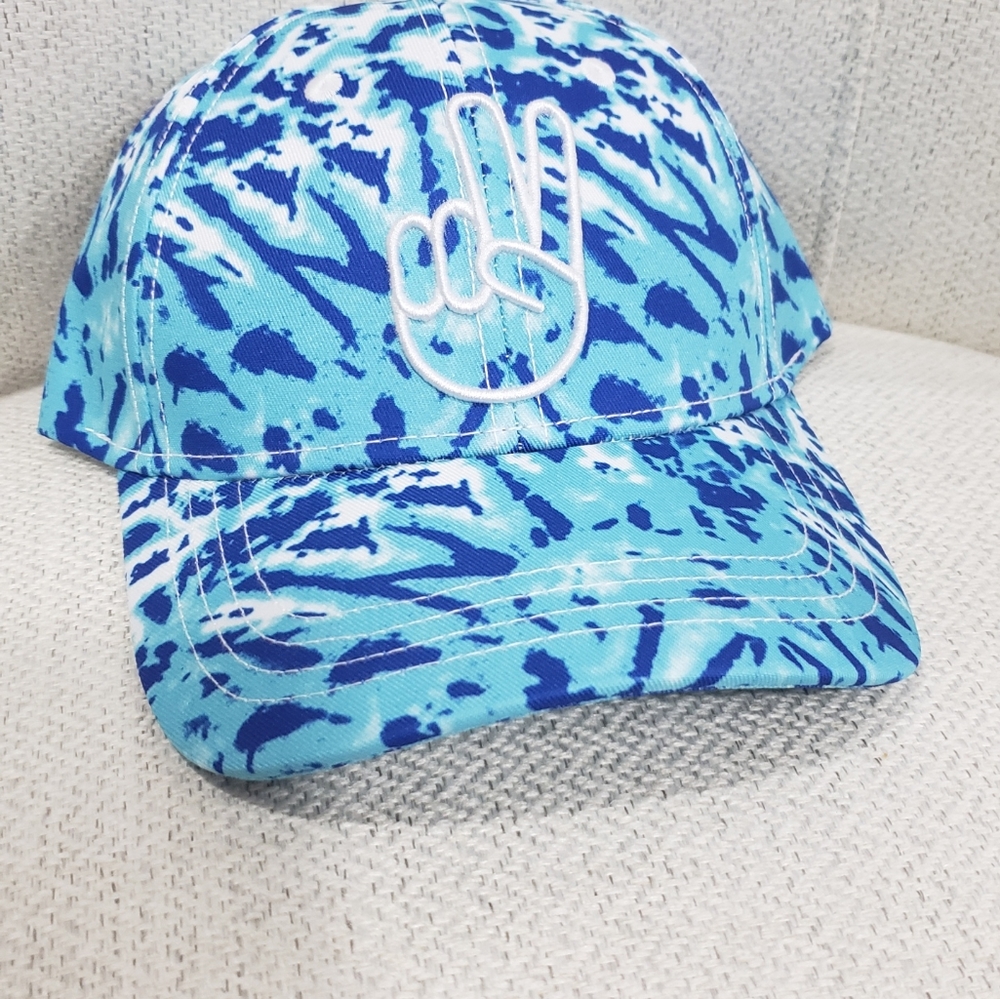 Blue tie dye snap back cap with white peace hands